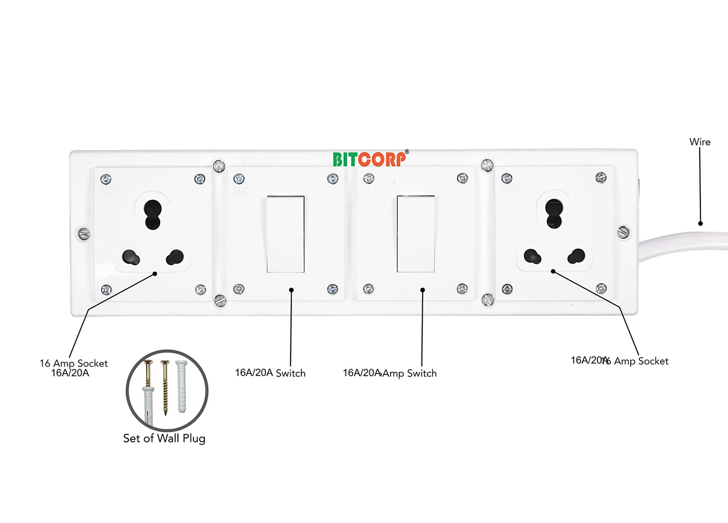 Bitcorp Electric Extension Board For Heavy Duty Appliances 15A 16A 20A (2500W) 2 Universal Socket 2 Switch Thermal Protected 8 Meter Long Cable Wire Spike Guard With 16A Plug (White)(Pack Of 2)