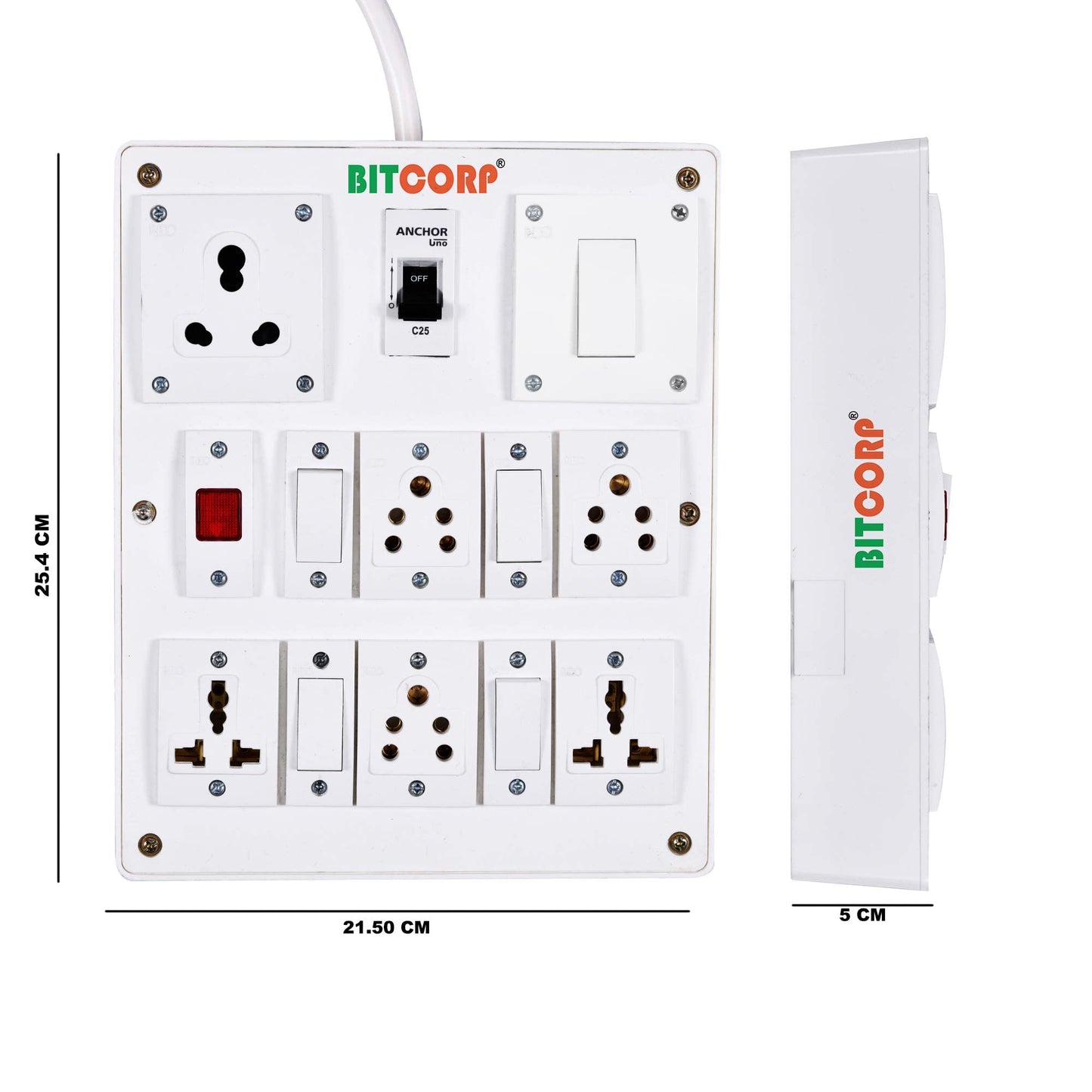 Bitcorp Extension Board 6 Socket 5 Switch 6A 16A, 3500W Heavy Duty Power Strip with Surge Protector Electric Power Extension Cord for Home Gadgets, Office, Pc, Cooler, Fridge (White) 220 Volts