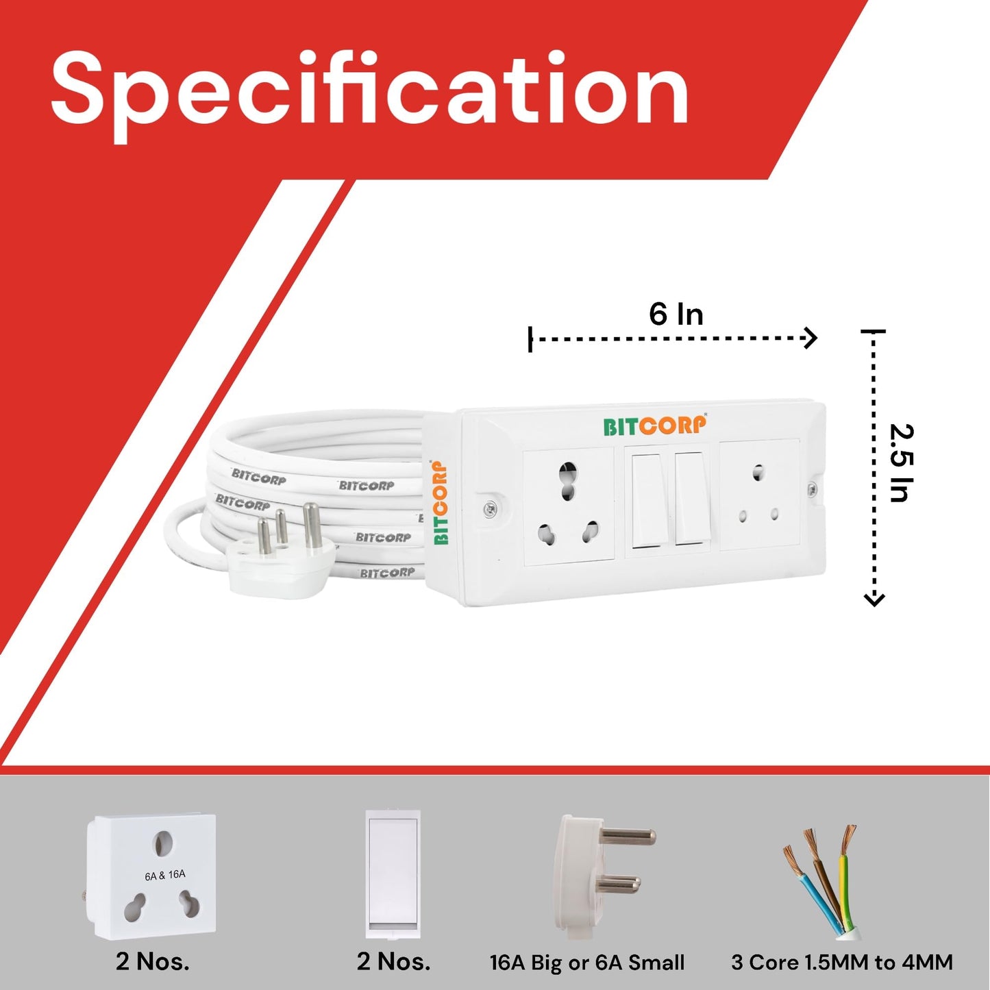 Bitcorp Electric Power Strip, 6A 16A 2500W, 2 Socket 2 Switch Extension Board, Surge Protected, Cord for Home, Office Appliances, Cooler, Fridge, Air Conditioner, PC (White) 220 Volts