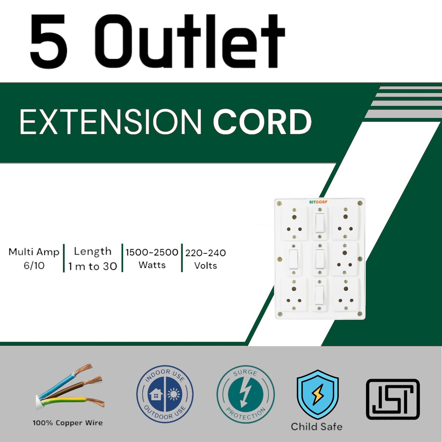 BITCORP Extension Board Heavy Duty 6A 5 Socket 4 Switch