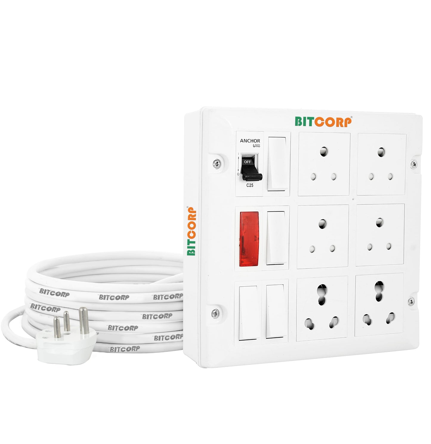 BITCORP Extension Board Heavy Duty 16A 6 Socket 4 Switch with MCB