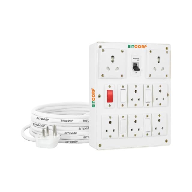 Bitcorp 6A 16A 20A Heavy Duty Extension Board International 7 Socket 4 Switch (2500W) Surge Protector With 4 Meter Long Wire Cable For Ac, Refrigerator, Washing Machine & Large(Pack Of 2)