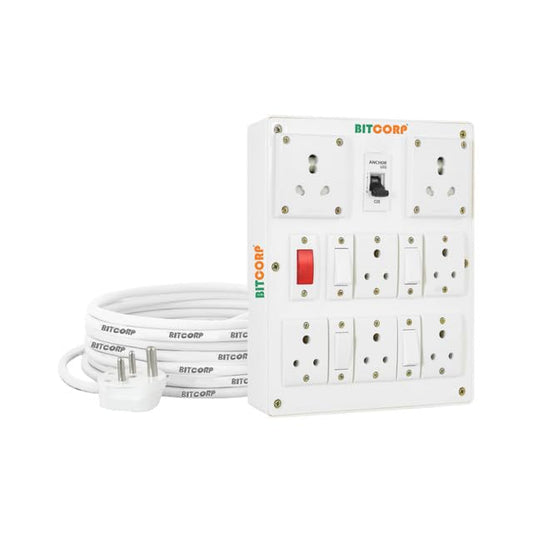Bitcorp Extension Board Heavy Duty Junction Box 6A 16A 20A 7 Way Socket 4 Switch (3500) Load Capacity High Voltage With Thermal Protection Surge Control 4 Meter Long Cable Cord (White)(Pack Of 2)