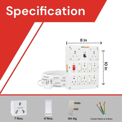 Bitcorp 6A 16A 20A Heavy Duty Extension Board International 7 Socket 4 Switch (2500W) Surge Protector With 4 Meter Long Wire Cable For Ac, Refrigerator, Washing Machine & Large(Pack Of 2)