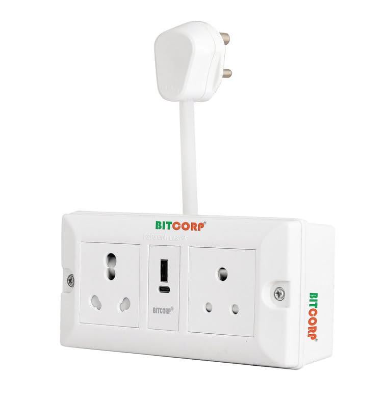 BITCORP Extension Board - 2500W 6A Extension Cord with 2 Universal Socket, Surge Protection for Home Office
