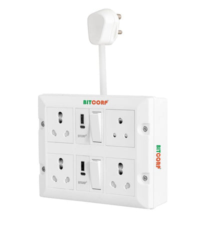 BITCORP Extension Board - 2500W 6A Extension Cord with 2 Universal Socket, Surge Protection for Home Office