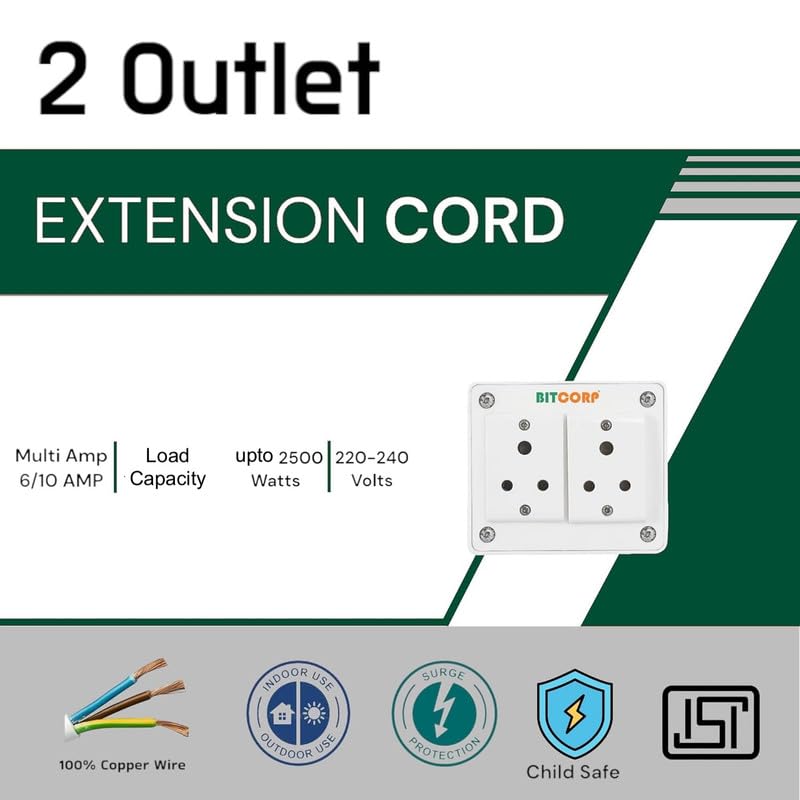 BITCORP Extension Board - 2500W 6A Extension Cord with 2 Universal Socket, Surge Protection for Home Office