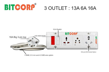 Bitcorp Extension Cord 6A 16A 25A For Small And Heavy Duty Appliances 3 Way Multi Outlet 3 Pin Plug 1 Switch (5000) Load Capacity Spike Guard Power Strip With 4 Meter Long Cable Cord (White)