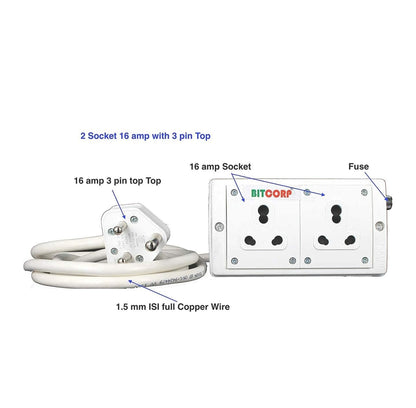 Bitcorp 2500W Power Strip, 16A Universal Extension Board with 2 Socket, Surge Protector, Cord for Home Gadgets, Office, Fridge, Cooler, Air Conditioner (White) 220V