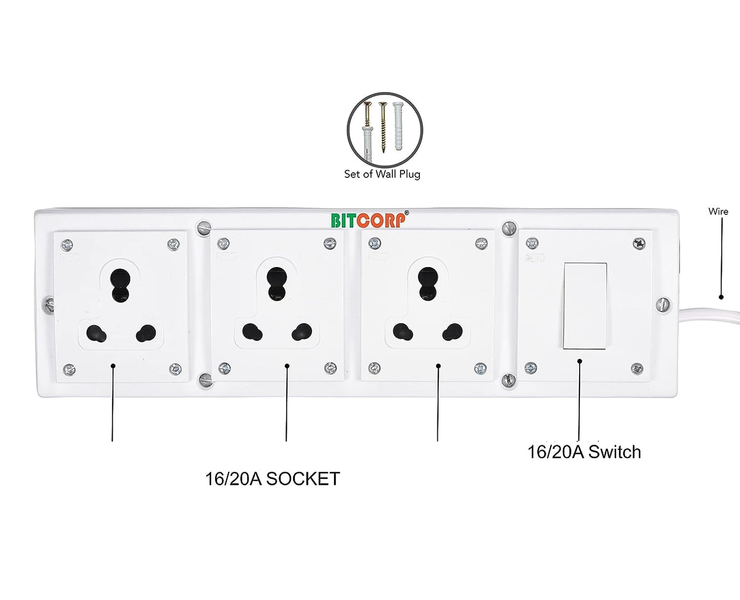 Bitcorp Power Strip 3 Socket 1 Switch, 16AMP 2500W Extension Board with Surge Protection Cord for Home, Office, Fridge, Cooler, Computer, Air Conditioner (White) 220 Volts