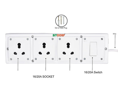 Bitcorp Power Strip 3 Socket 1 Switch, 16AMP 2500W Extension Board with Surge Protection Cord for Home, Office, Fridge, Cooler, Computer, Air Conditioner (White) 220 Volts