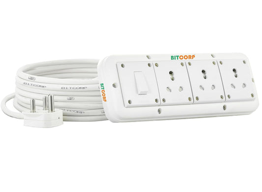 Bitcorp Electric Extension Cord For Small And Heavy Duty 15A 16A 20A 3 Socket 1 Switch High Power Wattage (2500) Load Capacity Power Strip With 15 Meter Long Length Wire Plug (White)(Pack Of 2)