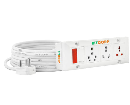 Bitcorp Extension Cord 6A 16A 25A For Small And Heavy Duty Appliances 3 Way Multi Outlet 3 Pin Plug 1 Switch (5000) Load Capacity Spike Guard Power Strip With 4 Meter Long Cable Cord (White)