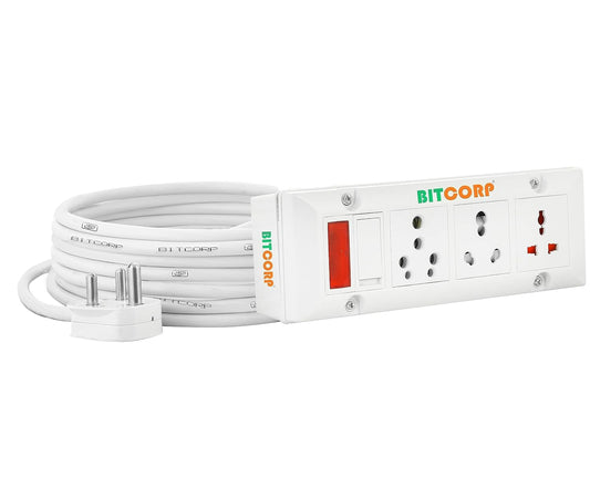 Bitcorp Extension Cord 6A 16A 25A For Small And Heavy Duty Appliances 3 Way Multi Outlet 3 Pin Plug 1 Switch (5000) Load Capacity Spike Guard Power Strip With 4 Meter Long Cable Cord (White)