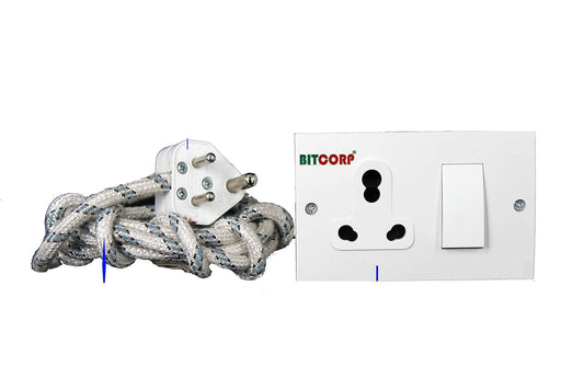 Bitcorp Power Strip with Cotton Wire 1 Socket 1 Switch, 6A 16A 2500W Extension Board with Surge Protection 2 Meter Cord for Home, Office, Fridge, Cooler, Computer, Air Conditioner (White) 220 Volts
