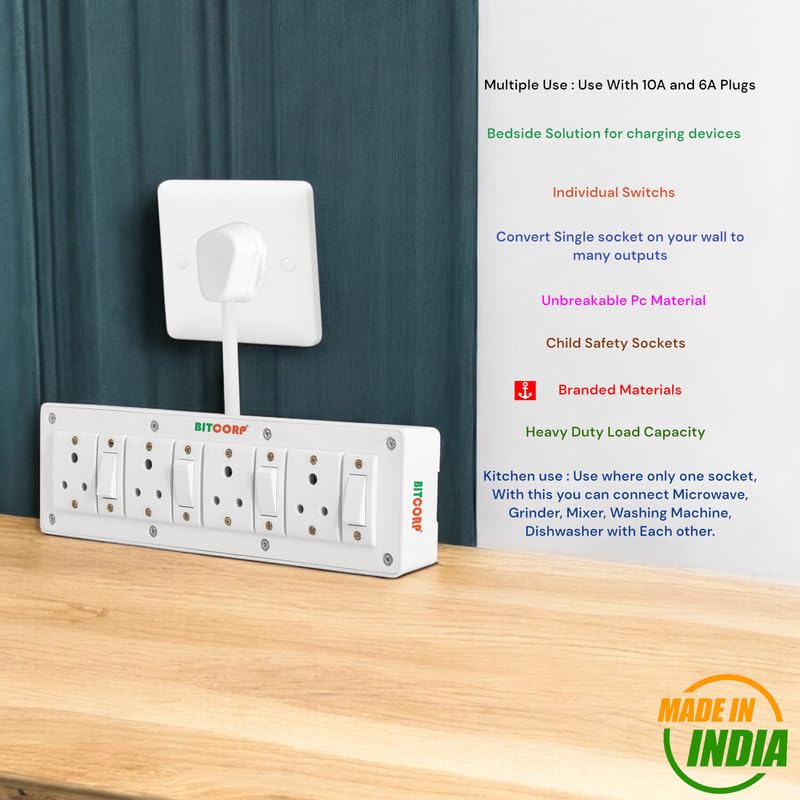 BITCORP Extension Board - 2500W 6A Extension Cord with 2 Universal Socket, Surge Protection for Home Office