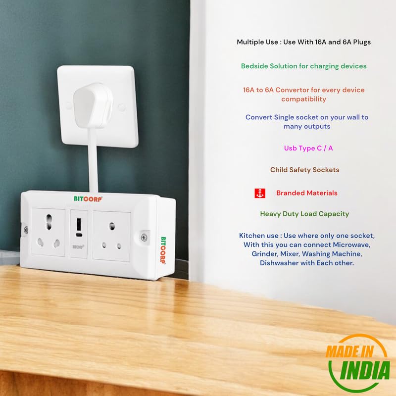 BITCORP Extension Board - 2500W 6A Extension Cord with 2 Universal Socket, Surge Protection for Home Office