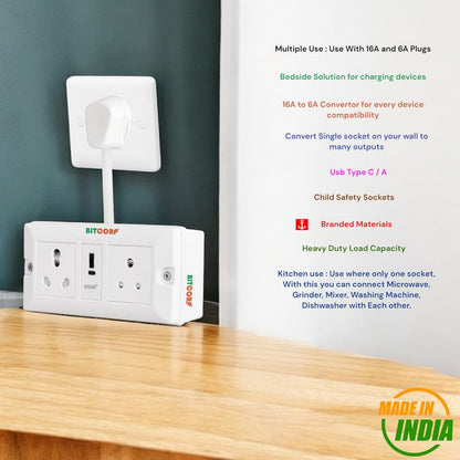 BITCORP Extension Board - 2500W 6A Extension Cord with 2 Universal Socket, Surge Protection for Home Office