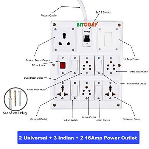 Bitcorp Extension Board 6 Socket 5 Switch 6A 16A, 3500W Heavy Duty Power Strip with Surge Protector Electric Power Extension Cord for Home Gadgets, Office, Pc, Cooler, Fridge (White) 220 Volts