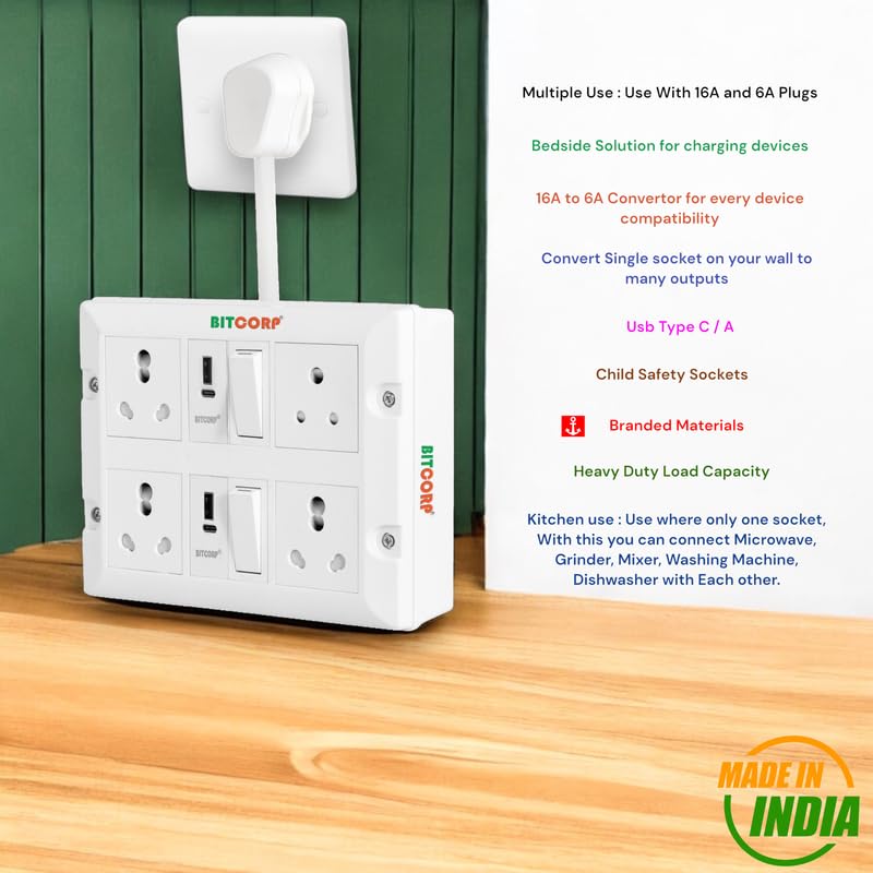 BITCORP Extension Board - 2500W 6A Extension Cord with 2 Universal Socket, Surge Protection for Home Office