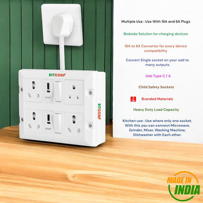 BITCORP Extension Board - 2500W 6A Extension Cord with 2 Universal Socket, Surge Protection for Home Office