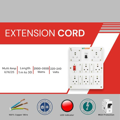 Bitcorp Extension Cord (3500W) 6A 16A 20A Spike Guard Thermal Protection 4 Way Multi Outlet 3 Pin 2 Switch Power Cord With 2 Meter Long Wire Cable Suitable For Small And Heavy Duty(Pack Of 2)