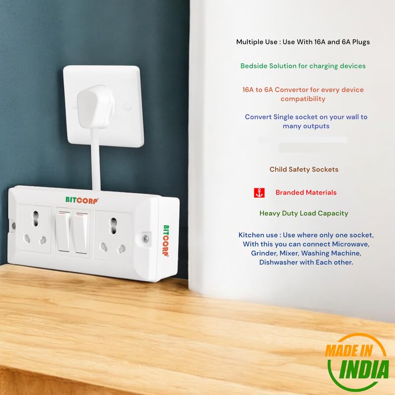 BITCORP Extension Board - 2500W 6A Extension Cord with 2 Universal Socket, Surge Protection for Home Office