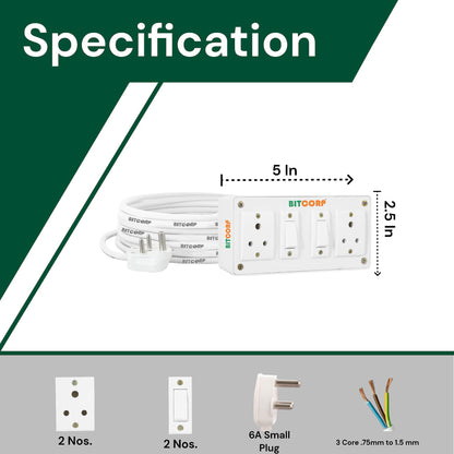 BITCORP Extension Board Heavy Duty 6A 2 Socket 2 Switch