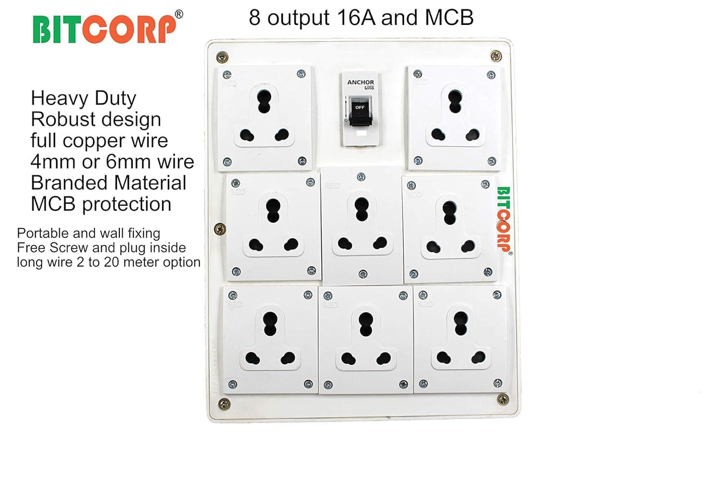 Bitcorp Extension Board 15A 16A 20A Muti Pin 8 Socket 1 (5000) Load Capacity with Surge Protector Meter Long Cable Cord for Heavy Duty Home Kitchen Office Outdoor Indoor Appliances (White)