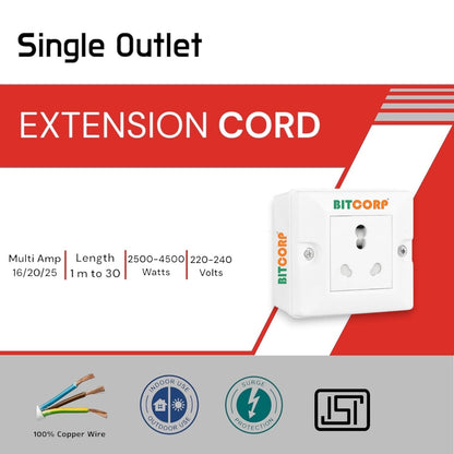 Bitcorp Power Strip With 1 Socket , 16AMP 2500W Extension Board with Surge Protection Cord for Home, Office, Fridge, Cooler, Computer, Air Conditioner (White) 220 Volts