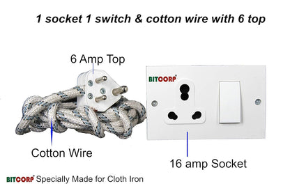 Bitcorp Power Strip with Cotton Wire 1 Socket 1 Switch, 6A 16A 2500W Extension Board with Surge Protection 2 Meter Cord for Home, Office, Fridge, Cooler, Computer, Air Conditioner (White) 220 Volts