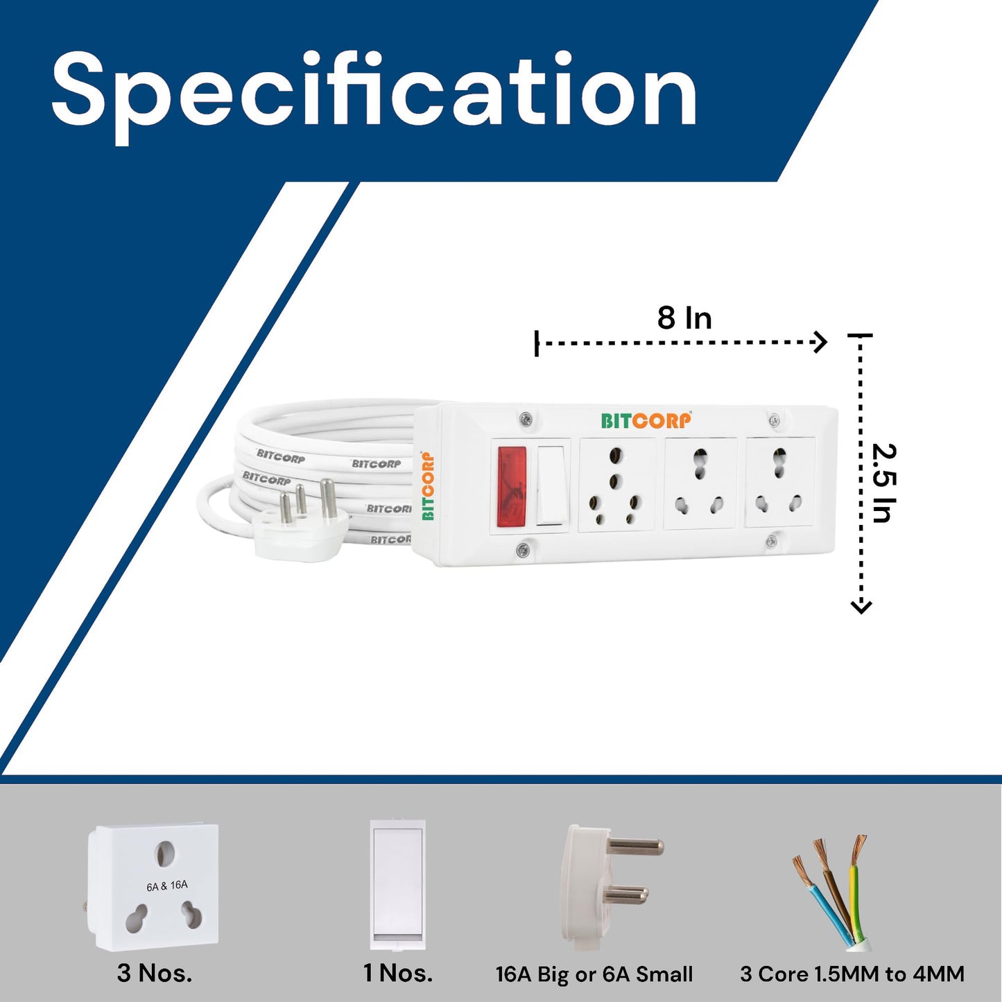 BITCORP Heavy Duty Extension Board 3 Multi Socket 1 Switch