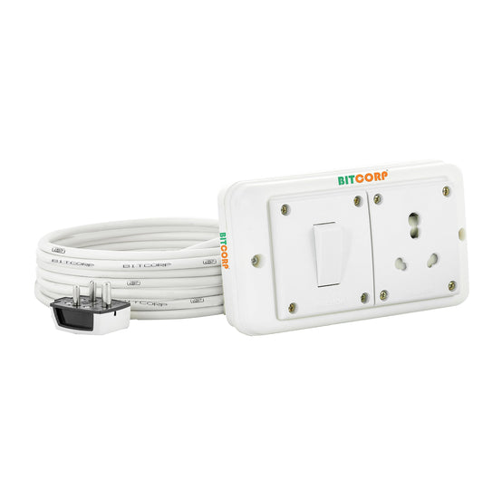 Bitcorp Electric Extension Cord For Small And Heavy Duty 15A 16A 20A 1 Socket 1 Switch High Power Wattage (2500) Load Capacity Power Strip With 8 Meter Long Length Wire Plug (White)(Pack Of 2)