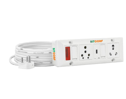 Bitcorp Extension Cord 2 Socket 2 Switch, 16AMP 2500W Heavy Duty Power Strip, Surge Protected Wire for Home, Office, Electric vehicle Charging, TV, Fridge, Cooler, PC (White) 220V