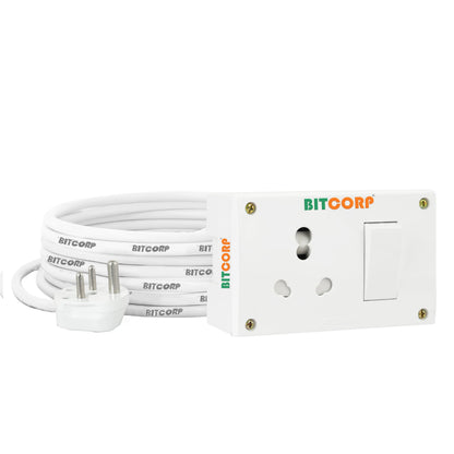 Bitcorp Extension Cord 15A 16A 20A For Multiple Small And Heavy Duty Appliances 1 Way Outlet 3 Pin Plug 1 Switch (2500W) Spike Guard Power Strip With 2 Meter Long Cable Cord (White)(Pack Of 2)