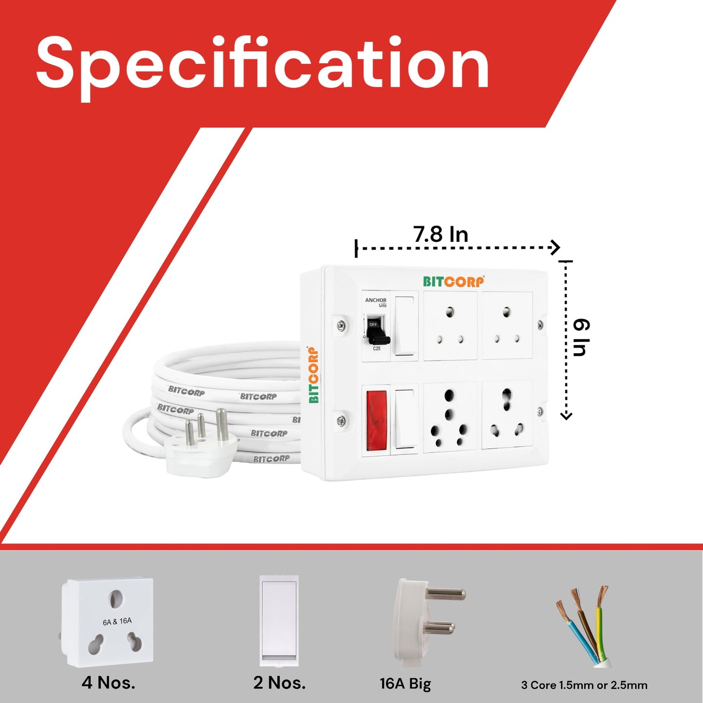 BITCORP Extension Board Heavy Duty 16A 4 Multi Socket 2 Switch with MCB