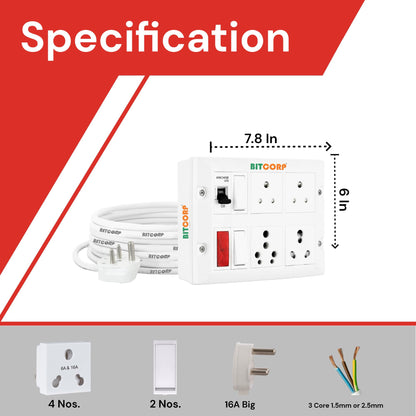 Bitcorp Multi Socket Extension Board Mcb 4 Way Plug And 2 Switch 6A 16A 20A (2500W) 4 Meter Long Length Cable Cord Compatible With Ac, Fridge, Microwave And Heavy (White)(Pack Of 2)