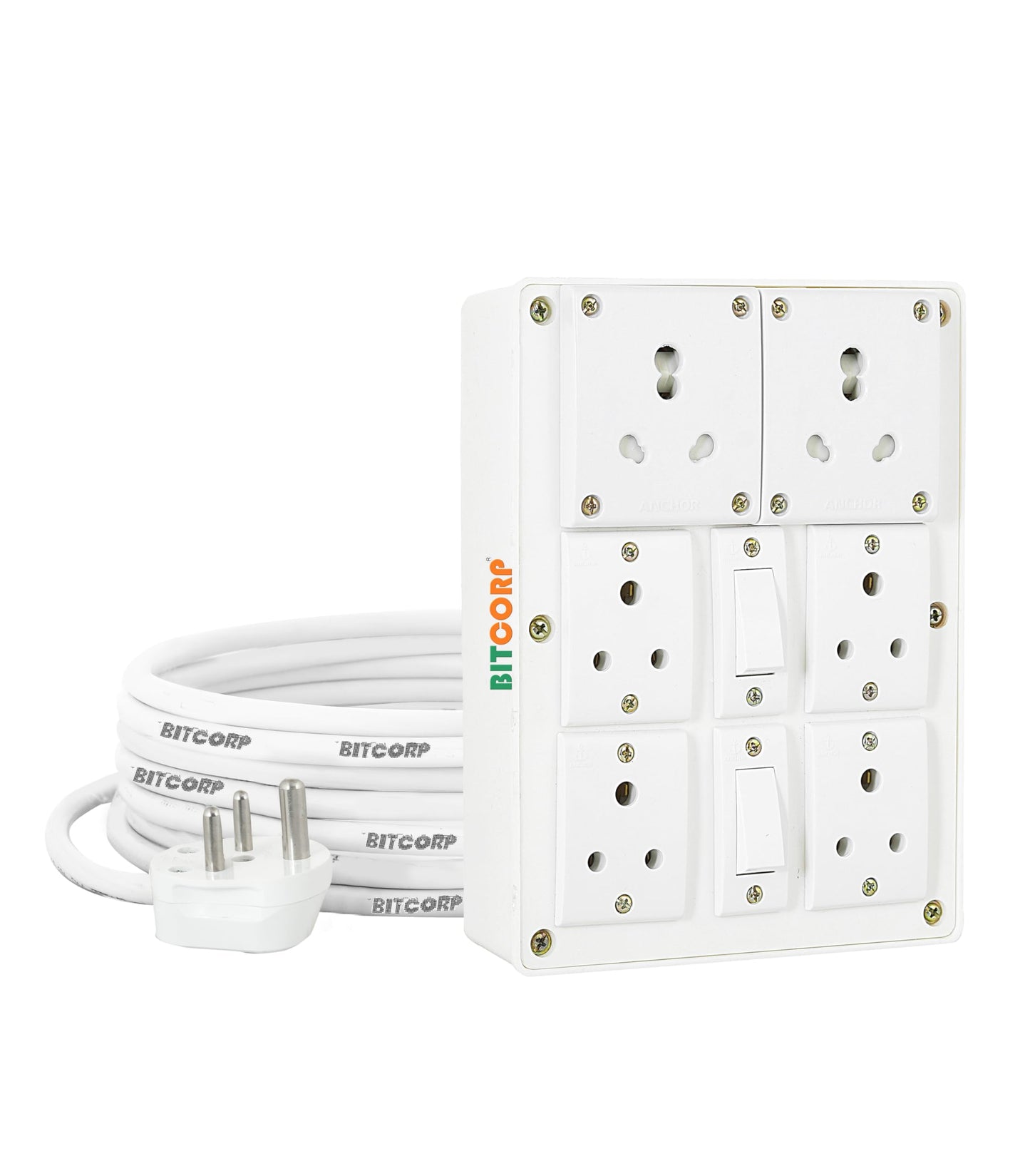 Bitcorp 6A 16A Extension Board 6 Socket 2 Switch, 2000W Power Strip with Surge Protector, 2 Meter Electric Cord for Home, Office, PC, Cooler, Fridge, Gadgets, AC (White) 220V