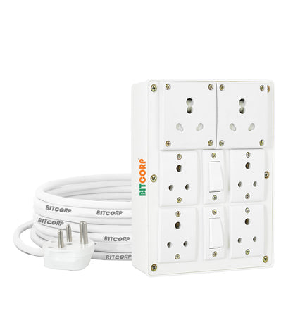 Bitcorp 6A 16A Extension Board 6 Socket 2 Switch, 2000W Power Strip with Surge Protector, 2 Meter Electric Cord for Home, Office, PC, Cooler, Fridge, Gadgets, AC (White) 220V