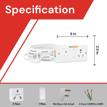 Bitcorp 6A 16A 20A Heavy Duty International Extension Board 2 Socket 1 Switch (2500W) Surge Protector with Meter Long Wire Cable for Ac, Refrigerator, Washing Machine, Microwave & Large Appliances
