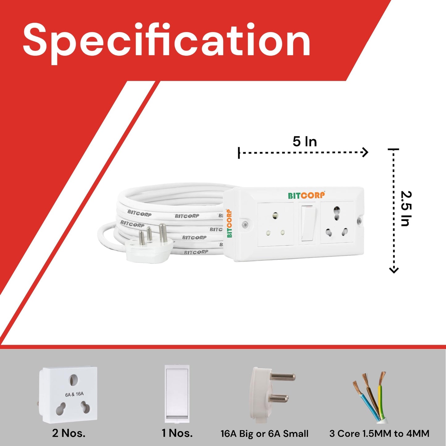 Bitcorp 6A 16A Power Extension Board 2 Socket 1 Switch, 2500W Surge Protector, 3 Meter Electric Cord for Computer, Fridge, AC, Home and Office Appliances (White) 220 Volts