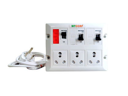 Bitcorp Extension Board 16A 20A 25A Muti Pin 3 Socket 3 (4000) Load Capacity with Surge Protector Meter Long Cable Cord for Heavy Duty Home Kitchen Office Outdoor Indoor Appliances (White)