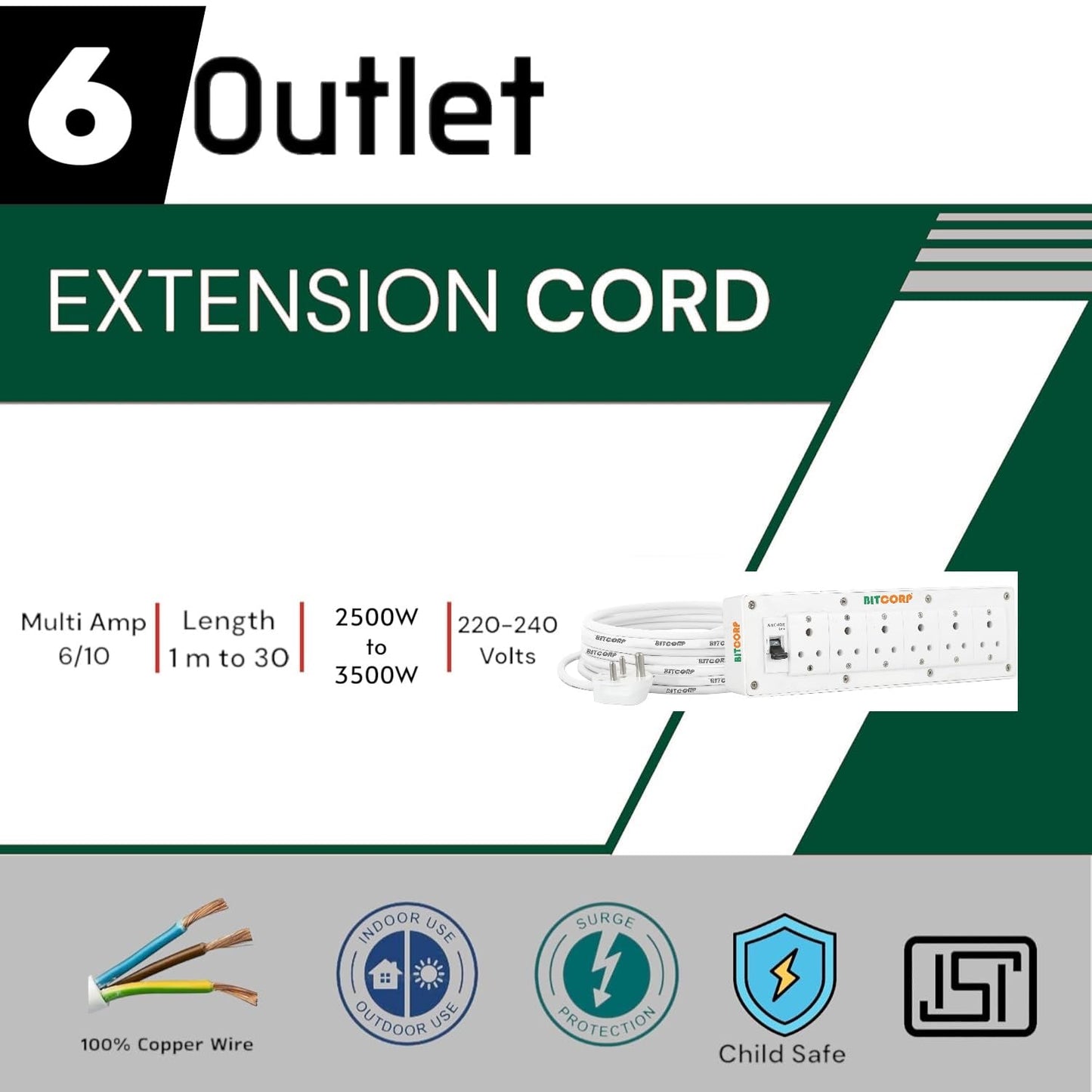 BITCORP Extension Board 6A 2500 Watt with 15m Cable | Long Cord Power Strip for Home Office Appliances | Multi Plug Socket Board | BIS Certified Wire (White)