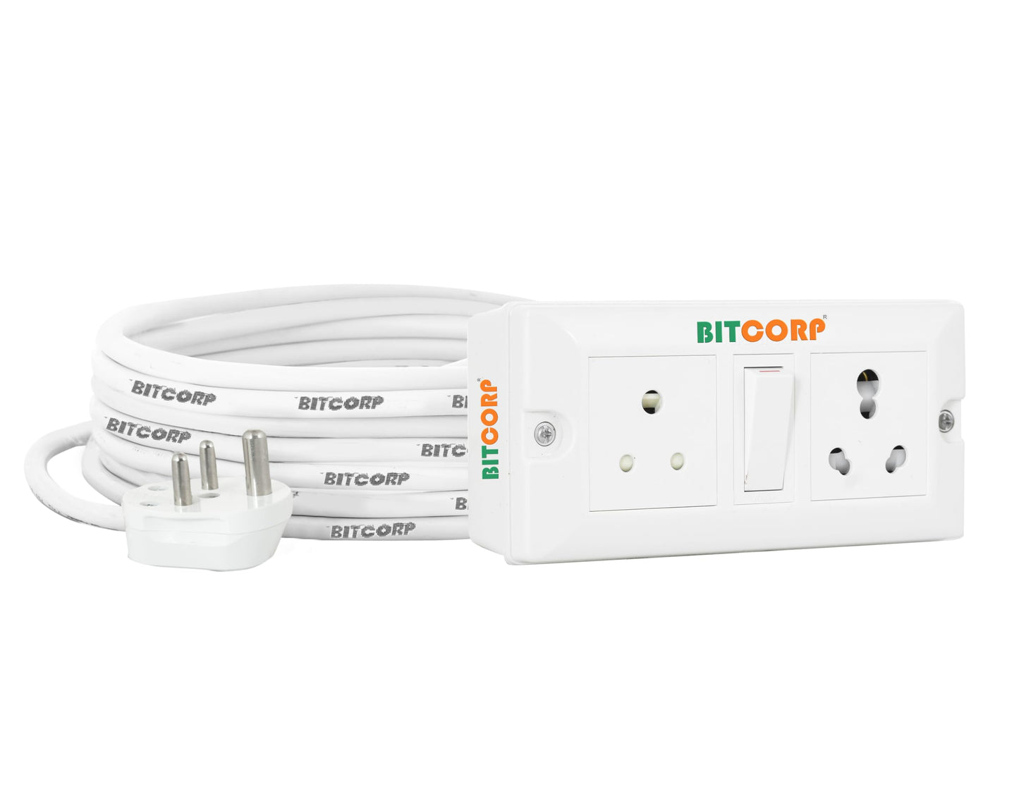 Bitcorp 6A 16A Power Extension Board 2 Socket 1 Switch, 2500W Surge Protector, 3 Meter Electric Cord for Computer, Fridge, AC, Home and Office Appliances (White) 220 Volts