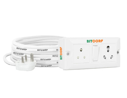Bitcorp 6A 16A Power Extension Board 2 Socket 1 Switch, 2500W Surge Protector, 3 Meter Electric Cord for Computer, Fridge, AC, Home and Office Appliances (White) 220 Volts