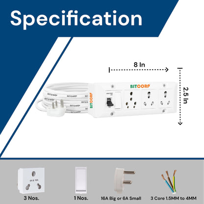 BITCORP Heavy Duty Extension Board 3 Multi Socket 1 Switch With MCB