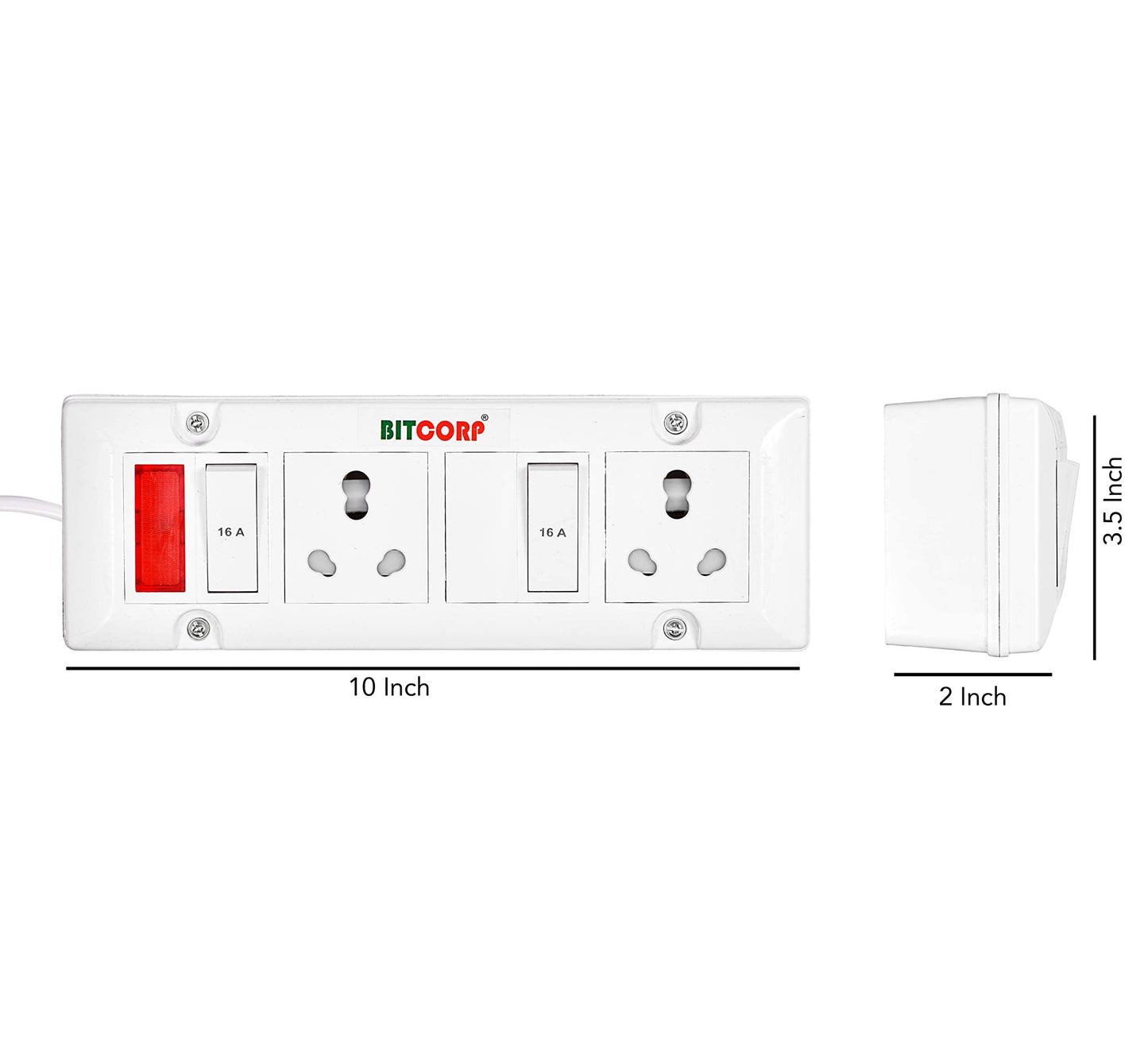 Bitcorp Extension Cord 2 Socket 2 Switch, 16AMP 2500W Heavy Duty Power Strip, Surge Protected Wire for Home, Office, Electric vehicle Charging, TV, Fridge, Cooler, PC (White) 220V