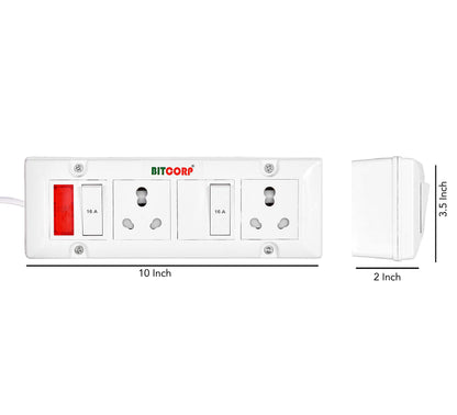 Bitcorp Extension Cord 2 Socket 2 Switch, 16AMP 2500W Heavy Duty Power Strip, Surge Protected Wire for Home, Office, Electric vehicle Charging, TV, Fridge, Cooler, PC (White) 220V