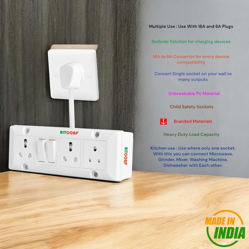 BITCORP Extension Board - 2500W 6A Extension Cord with 2 Universal Socket, Surge Protection for Home Office