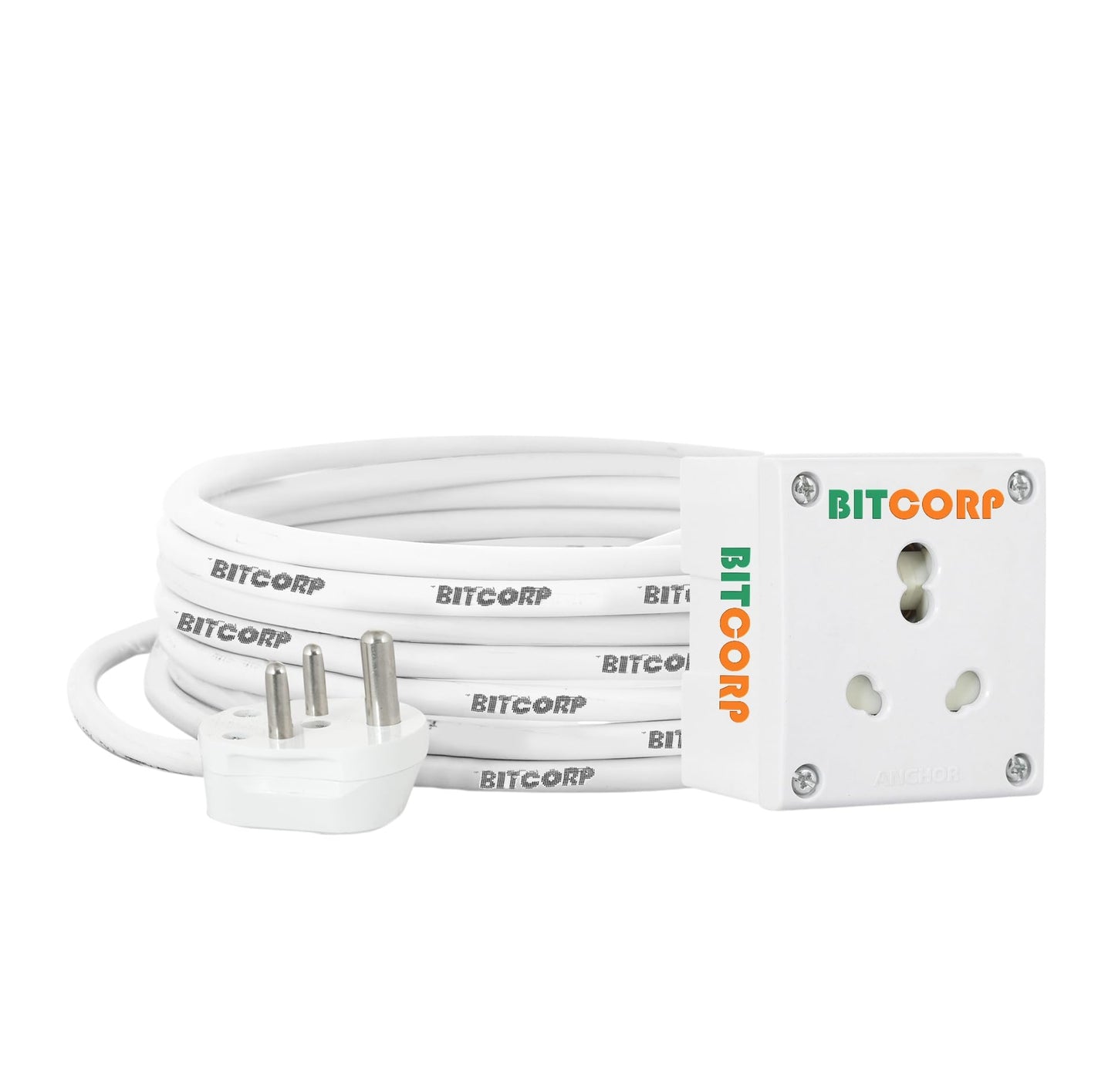 Bitcorp Single Socket Extension Board 1 Way Plug 15A 16A 20A (3500W) 3 Meter Long Length Cable Cord Compatible With Ac, Fridge, Washing Machine, Microwave And Heavy Appliances (White)(Pack Of 2)